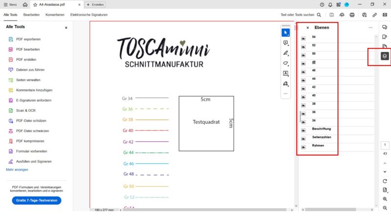 Druckeinstellung Schnittmuster drucken Ebenen einblenden mit Acorbat Reader | TOSCAminni